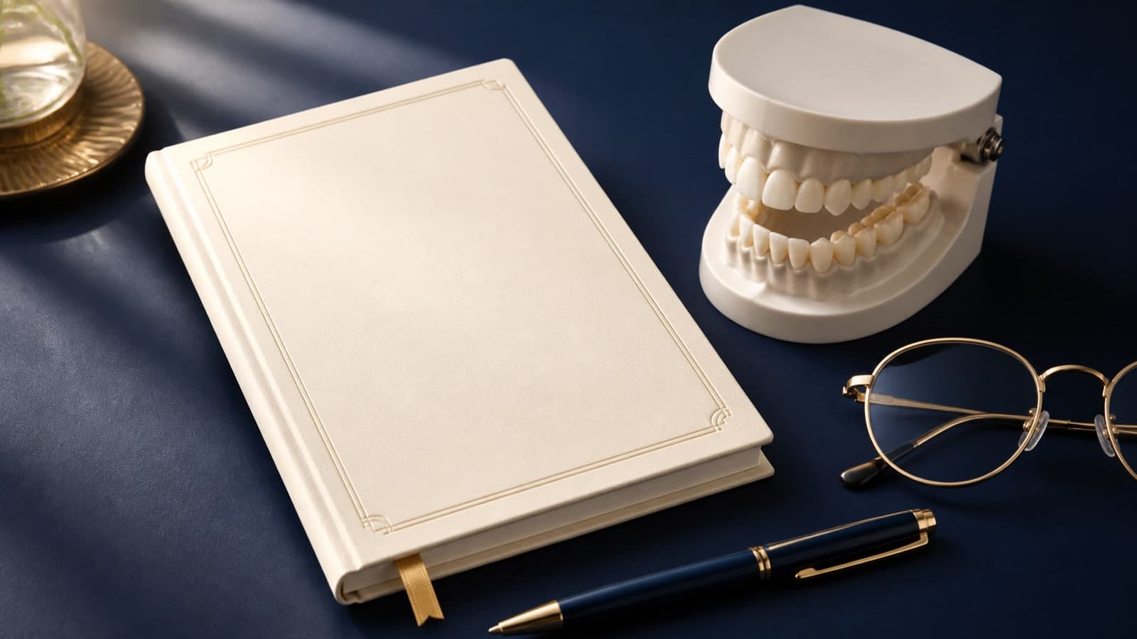 Ivory dental guide, dental model, gold glasses, and navy pen on a navy desk